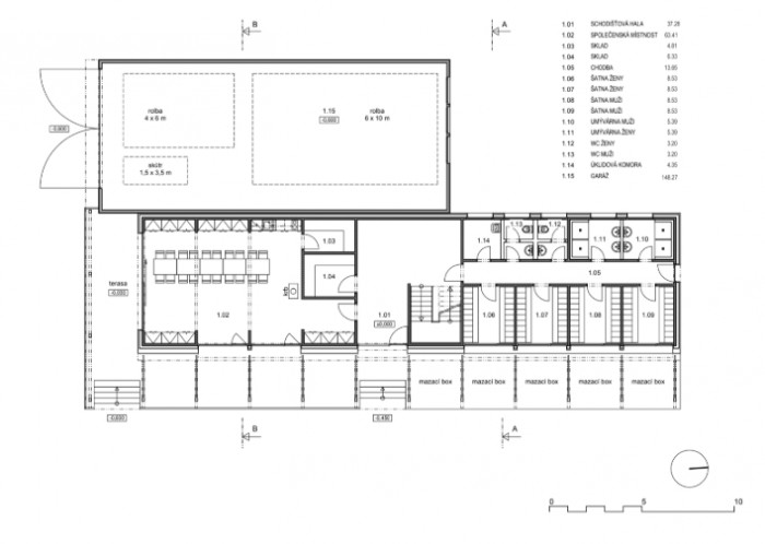 Klubovna oddílu běžeckého lyžování Trutnov, ROSA – ARCHITEKT s.r.o. / Ing. arch. Michal Rosa, půdorys 1PP