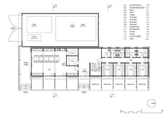 Klubovna oddílu běžeckého lyžování Trutnov, ROSA – ARCHITEKT s.r.o. / Ing. arch. Michal Rosa, půdorys 1PP