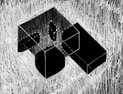 Obývací pokoj na půdorysu obdélníku je obklopen kvádry se zaoblenými hranami. V nich se nachází schodiště, kuchyně a knihovna s krbem. (Rodinný dům v Radotíně, Papundekl architekti)