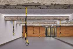 Ve své hrubosti jsou tady na stropě ponechány vysprávky a průvlaky, mezi kterými je kvůli akustice heraklit – šedivý stejně jako beton. (Quis Yoga Studio v Praze-Petřinách, MENU architekti)