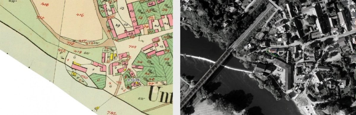 Rekonstrukce rodinného domu v Černošicích, katastr a letecký pohled, 3+1 architekti