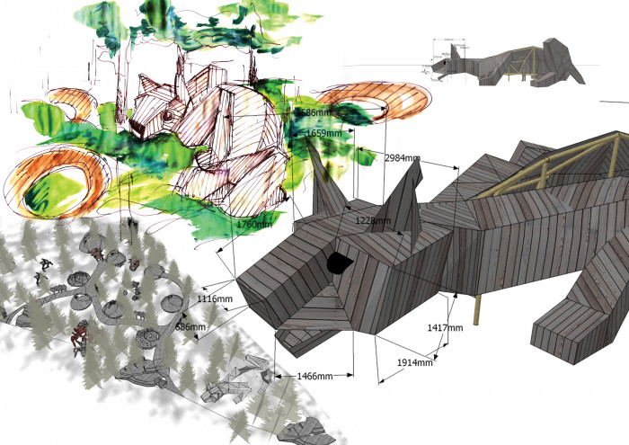 Herní krajina Pecka, Matěj Hájek a Tereza Kučerová (Moloarchitekti s.r.o), skica rysa