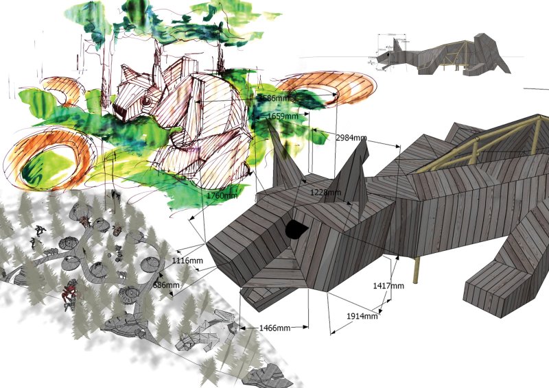 Herní krajina Pecka, Matěj Hájek a Tereza Kučerová (Moloarchitekti s.r.o), skica rysa