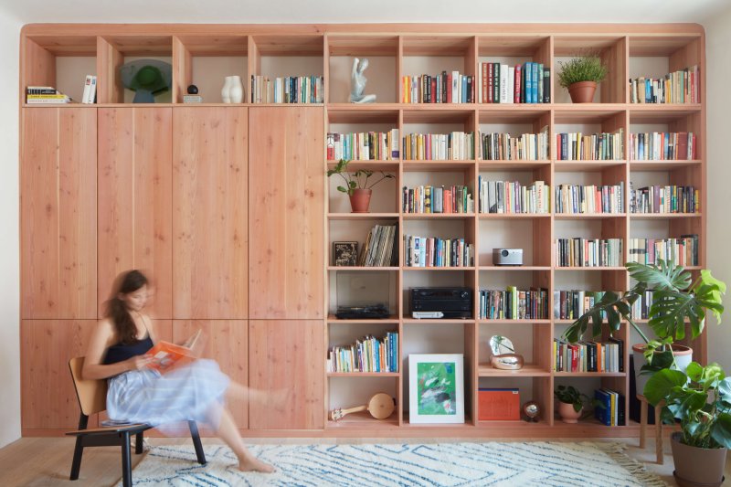 Obývací pokoj s velkou knihovnou (Plus One Architects, byt ve Vršovicích)