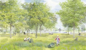Obnova parku Střed v Mostě, vítězný návrh od architektů Tilla Rehwaldta a Patrika Hoffmana.