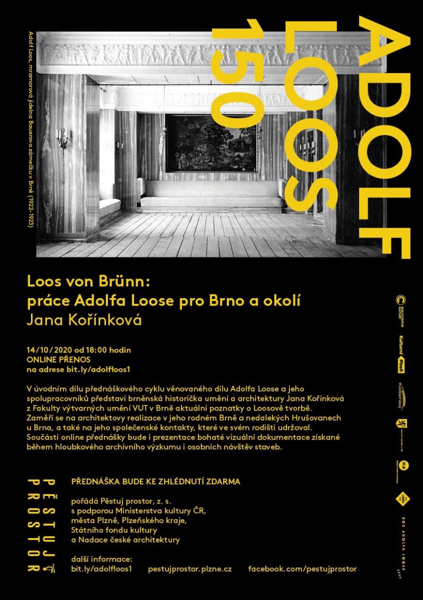 Online přednáška Loos von Brünn: Práce Adolfa Loose pro Brno a okolí s historičkou umění a architektury Janou Kořínkovou, pozvánka.