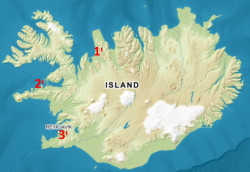 Vyznačení lokalit: 1. Blönduósskirkja, 2. Stykkishólmskirkja, 3. Hallgrímskirkja.