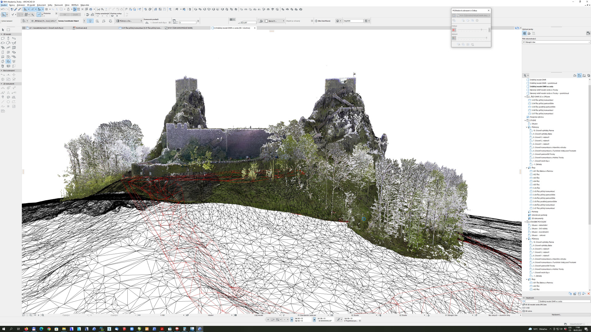 ukázka modelu terénu hradu Trosky v kombinaci s mračnem bodů v Archicadu