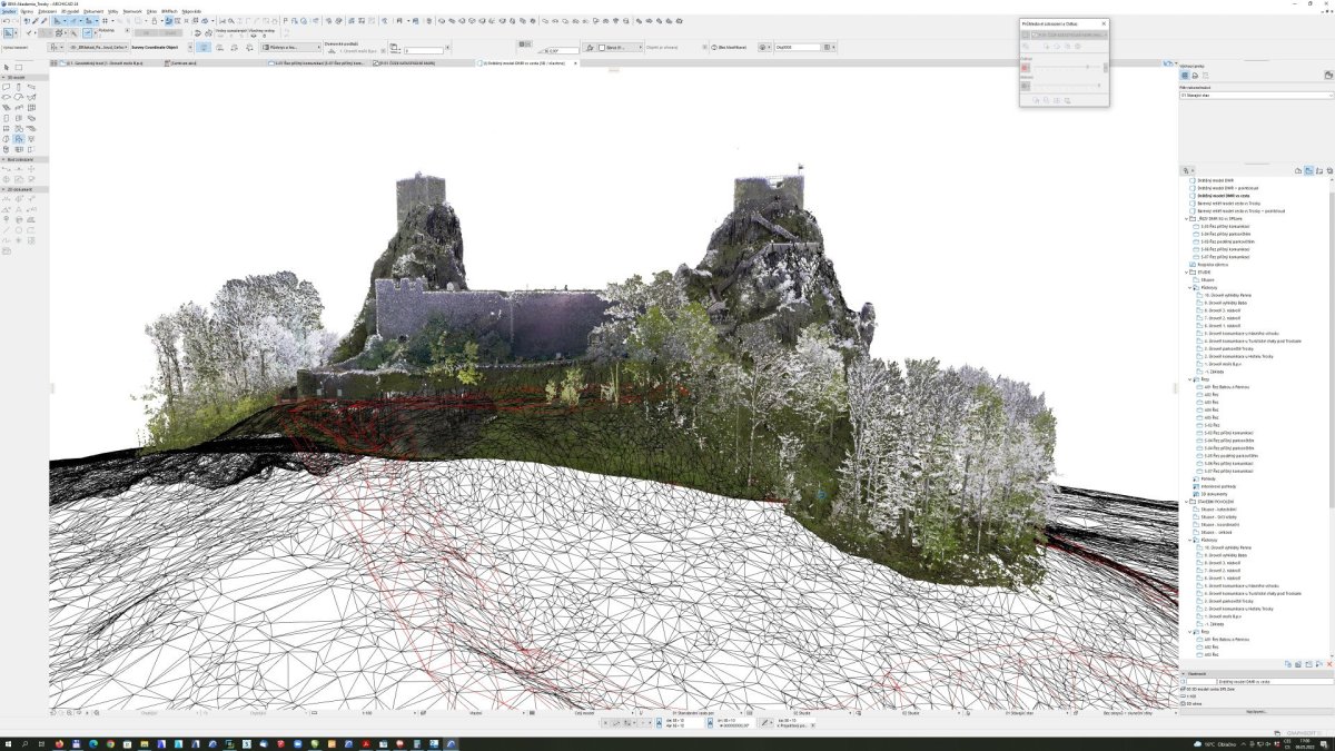 ukázka modelu terénu hradu Trosky v kombinaci s mračnem bodů v Archicadu