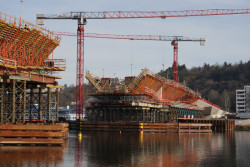 Dvorecký most – pokročilá fáze výstavby leden 2025 – pohled od Smíchova