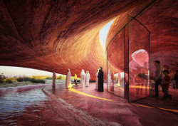 Vítězný návrh studia Petr Janda / brainwork na návštěvnické centrum rezervace plameňáků v Abu Dhabi. Vizualizace: Mykhaylo Slyusar, sdar.cz