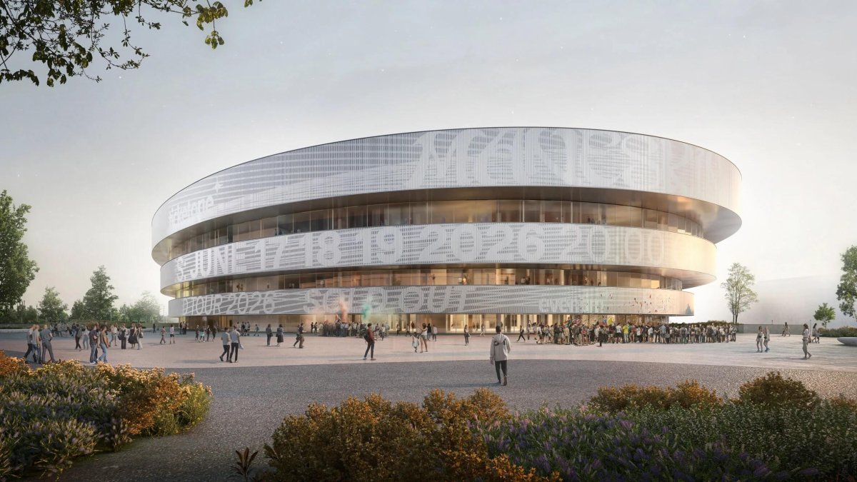 Lední stadion podle návrhu architekta Davida Chipperfielda.