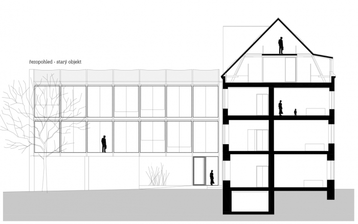 atakarchitekti, Rekonstrukce domu na ulici 8. března v Liberci, řezopohled historickou budovou – foto