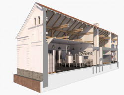Pivovar Ovipistán, endEmit, podélný řez prostorového modelu.