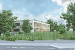 Školka Červený vrch v Praze od studia re:architekti, 1. místo ve veřejné architektonické soutěži. Pohled z ulice Alžírská.