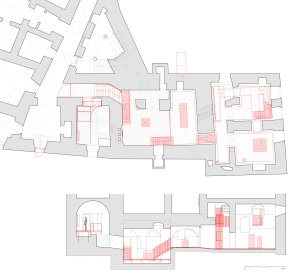 Expozice Skrytý středověk na zámku Bílovec, opus architekti: Půdorys 1.PP + řez