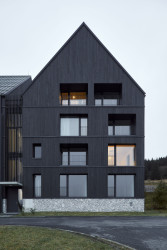 Tradiční formu domu se sedlovou střechou architekti interpretovali současným architektonickým jazykem. (Bytový dům Krušec, monom)