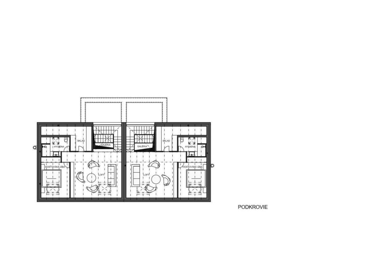 Dvojdům v lese, půdorys podkroví, Architekti.sk