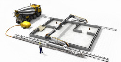 Obr. 9: Počítačová vizualizace rámové 3D tiskárny systému Contour Crafting provádějící tisk stěn a příček rodinného domu, USA,