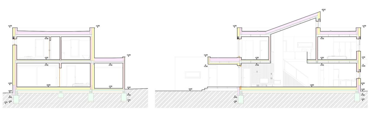 Na předměstí desetitisícového západočeského města roste moderní rodinný dům. Za jeho architekturou stojí Petr Sladký, projekční část zajistila kancelář AW Projekt. (na obrázku řezy)
