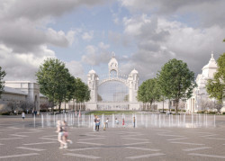 Návrh předprostoru před Průmyslovým palácem na holešovickém výstavišti od studia Perspektiv.