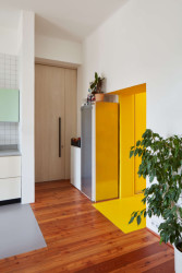 Rekonstrukce domu v Jindřichově Hradci od Matěje Šebka a Martina Petříka: V největším bytě, který je v přízemí, má nově vložené jádro, které obsahuje kromě koupelny i šatnu, žlutou barvu.