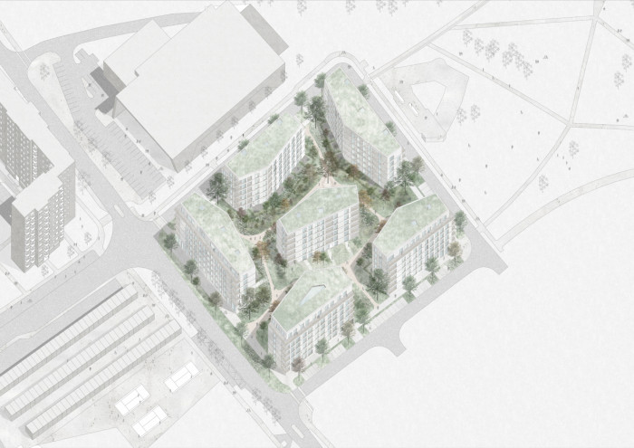 Bytové domy 4 Dvory, Malý Chmel, axonometrie