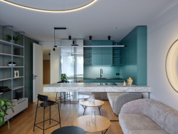 Epoxidová stěrka v obývacím pokoji a koupelně je sjednocujícím prvkem interiéru. (Rekonstrukce bytu v Pitkovicích, Formafatal)