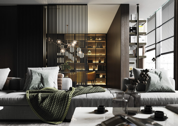 Dveře IDEALINE VERTICAL, posuv PREMIUM, madlo Ell, sklo planibel bronz, rám RAL 9005