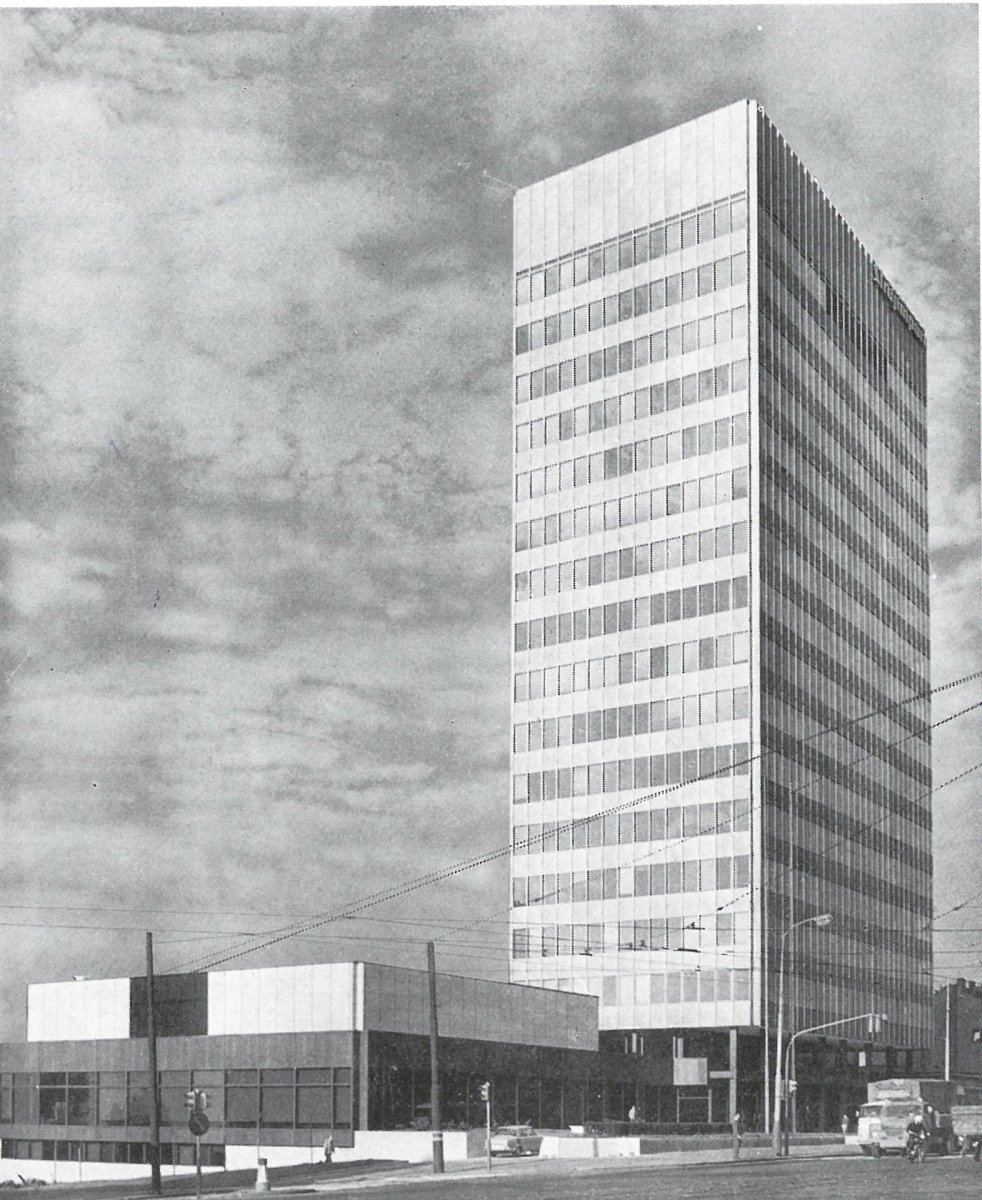 Zdeněk Kuna / Olivier Honke-Houfek / Zdeněk Stupka: Strojimport, Praha, 1961 - 1971, celkový pohled na dobovém snímku.Zdeněk Kuna: Československý zastupitelský úřad, Milán, 1971 až 1976, dobová fotografie.