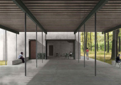 Vítězný návrh Památníku holokaustu Romů a Sintů v Letech od studia Terra Florida a Atelieru Světlík. Portikus a vstup do návštěvnického centra.