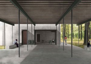Vítězný návrh Památníku holokaustu Romů a Sintů v Letech od studia Terra Florida a Atelieru Světlík. Portikus a vstup do návštěvnického centra.