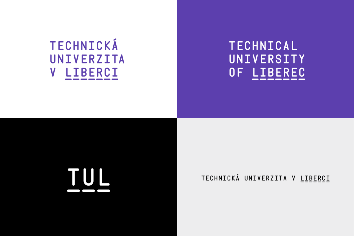 Základní logotyp univerzity CZ a EN, mezinárodní zkratka a doplňková jednořádková varianta.