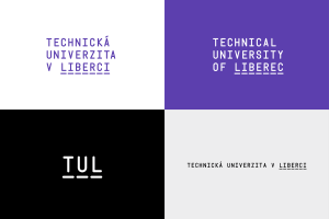 Základní logotyp univerzity CZ a EN, mezinárodní zkratka a doplňková jednořádková varianta.