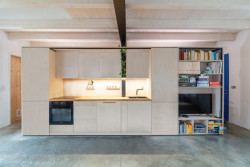 Tím hlavním je kuchyně s knihovnou, které společně formují prostorový blok. (Rodinný dům v Kohoutovicích, Ateliér Kopecký)