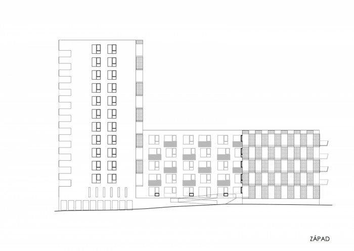 Bytový dům Na Sylvánu v Plzni, PRO-STORY, západní fasáda