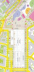 Budoucnost centra Brna, 3. místo: Atelier M1 architekti (CZ), celková situace návrhu v měřítku 1:1000 // finalista – foto