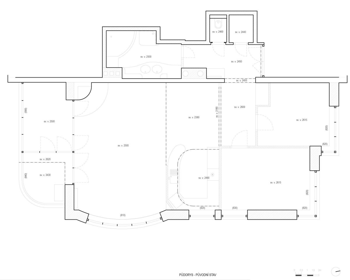 Půdorys - původní stav (Rekonstrukce bytu ve Strašnicích, MENU architekti)