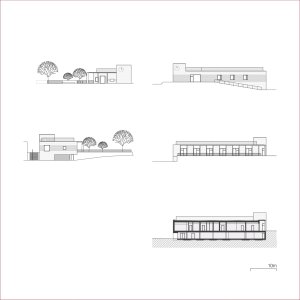 Komunitní centrum - řez a pohledy (Obytný soubor Dolina v Lysolajích, knesl kynčl architekti)