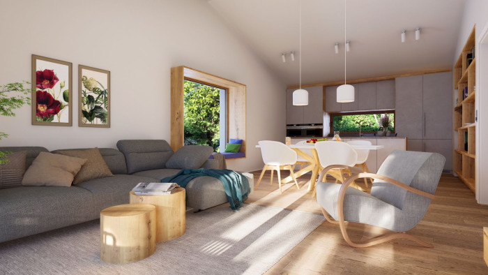 Obývací pokoj (Pasivní bungalov Grove – ZEO Homes)