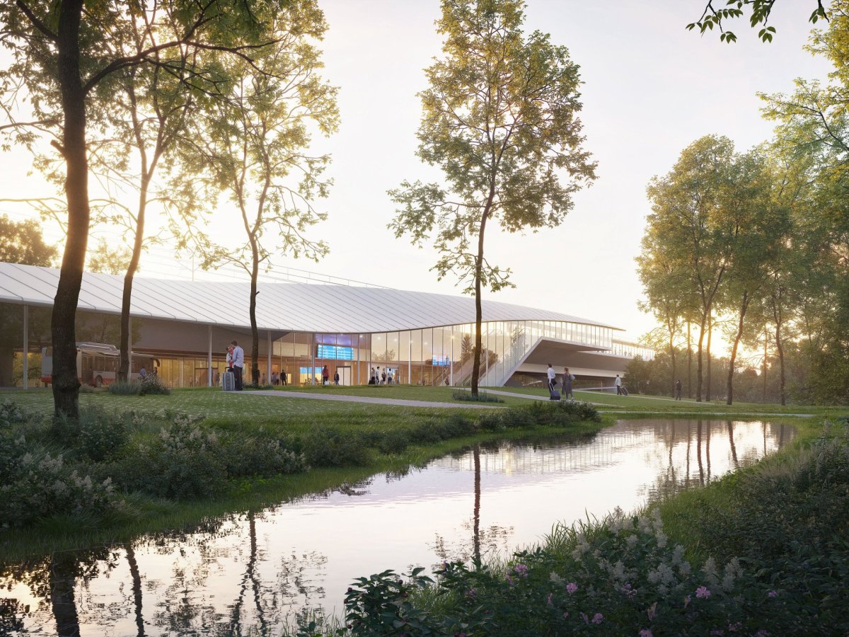 Návrh terminálu vysokorychlostní železnice v Pávově na okraji Jihlavy. Česko-francouzský tým monom a AREP ARCHITECTS zvítězili v architektonické soutěži.