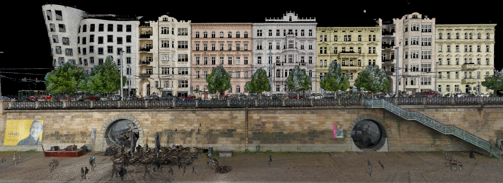 Praha, náplavka – včetně uliční fronty domů na Rašínově nábřeží