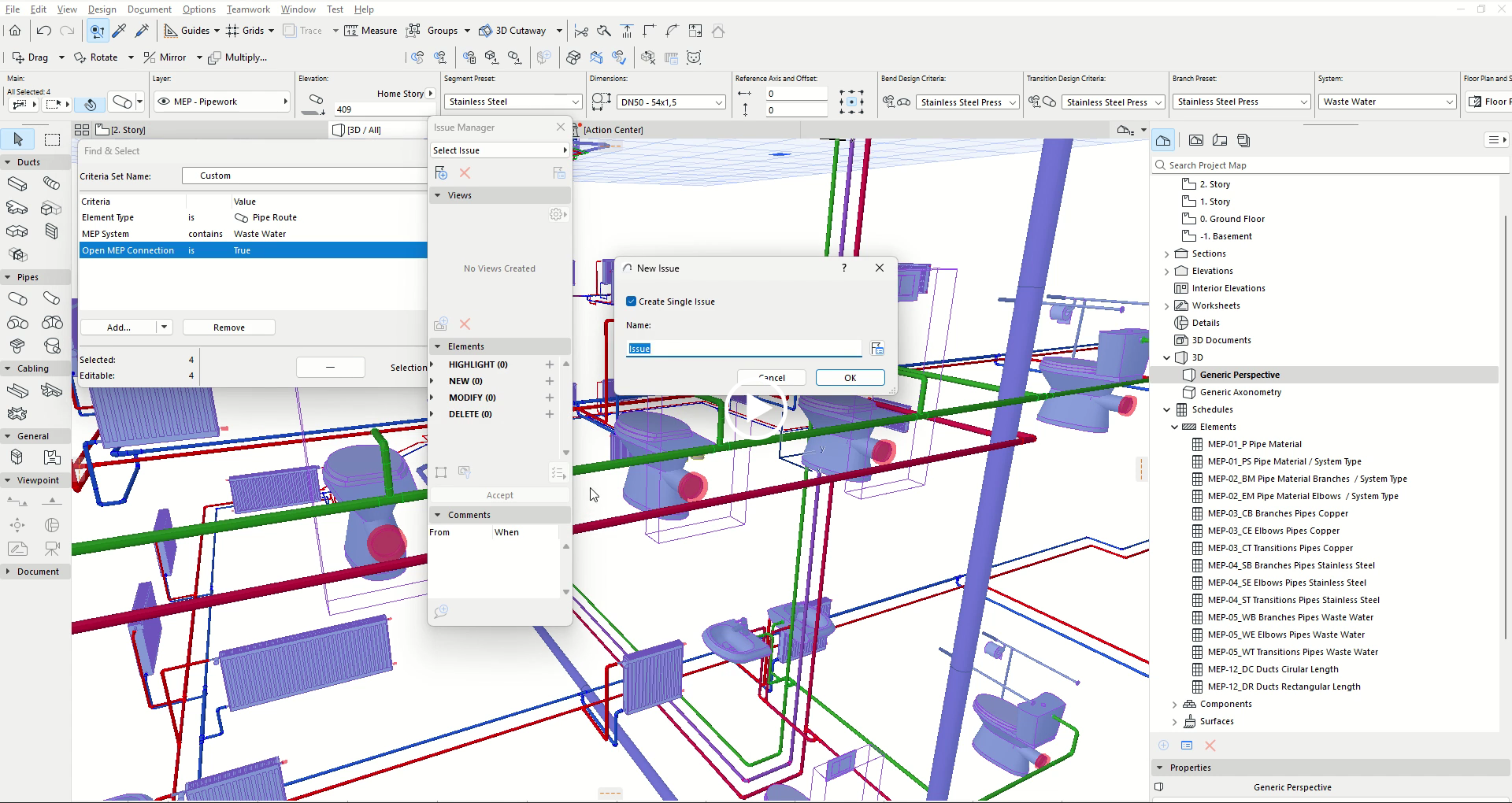 Neuzavřená zakončení prvků lze snadno identifikovat pomocí nástroje „Najít a vybrat“. 