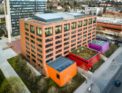 Růžově-fialová je taky jedna z poslucháren, náhoda? Architekturu na ČVUT dnes studuje více žen, než mužů. (Fakulta architektury ČVUT, Alena Šrámková, Lukáš Ehl, Tomáš Koumar, interiéry Markéta Cajthamlová, Lenka Brožová)