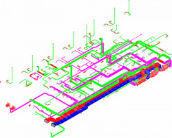 Pavilon rehabilitace Nemocnice Rudolfa a Stefanie Benešov, TECHNICO Opava s.r.o. - prostorový model rozvodů TZB