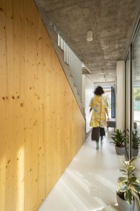 Pod schodištěm vznikl úložný prostor, který je zakrytý masivní smrkovou biodeskou. (Úzký patrový dům v Žilině, architektonické studio treea - architekt Peter Kasman.)
