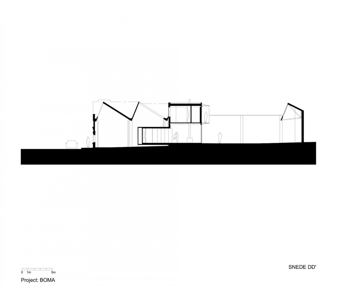Přestavba industriální budovy na rodinný dům v Gentu, NU architectuuratelier, řez