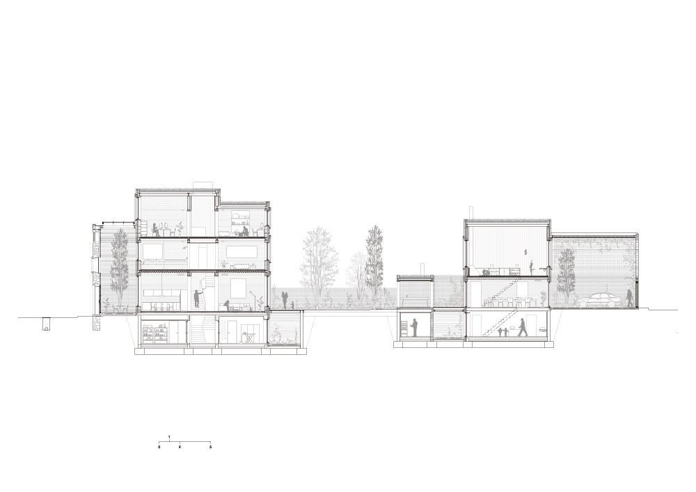 HARQUITECTES, cihlový dům č.p. 1014, řez, výkres