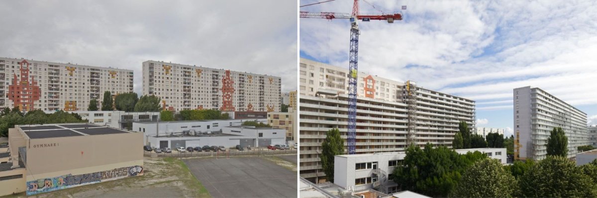 Proměna před a po rekonstrukci panelových domů Grand Parc Bordeaux, foto před a po rekonstrukci, Lacaton & Vassal architectes, Frédéric Druot Architecture, Christophe Hutin Architecture