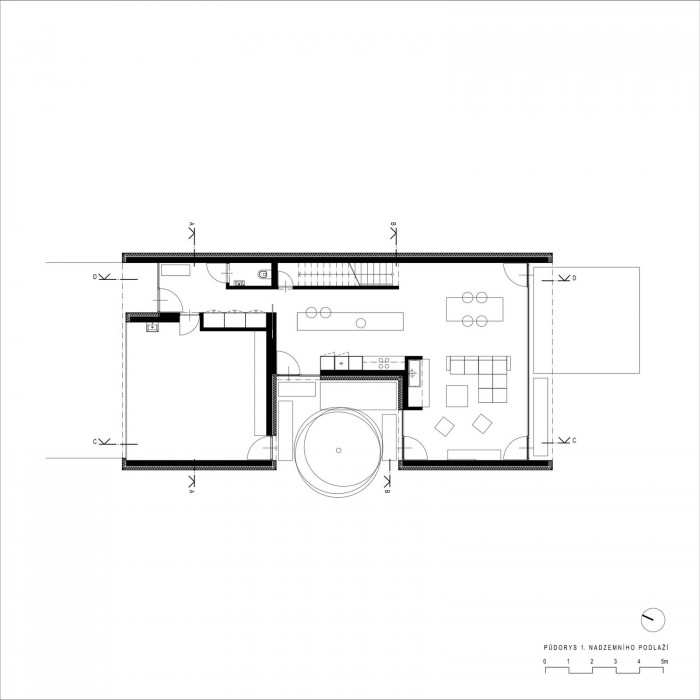 Rodinný dům Kostelec, půdorys 1NP, Chládek architekti